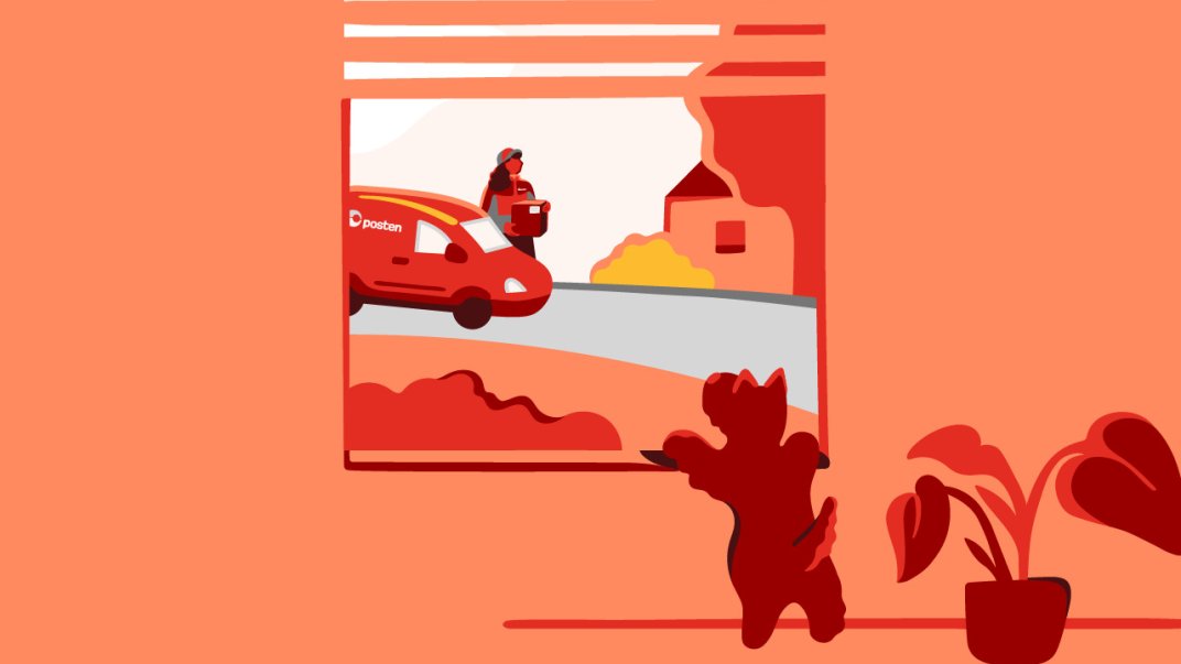 Illustration with a dog in the window looking out on a Posten car and postman arriving with a parcel.