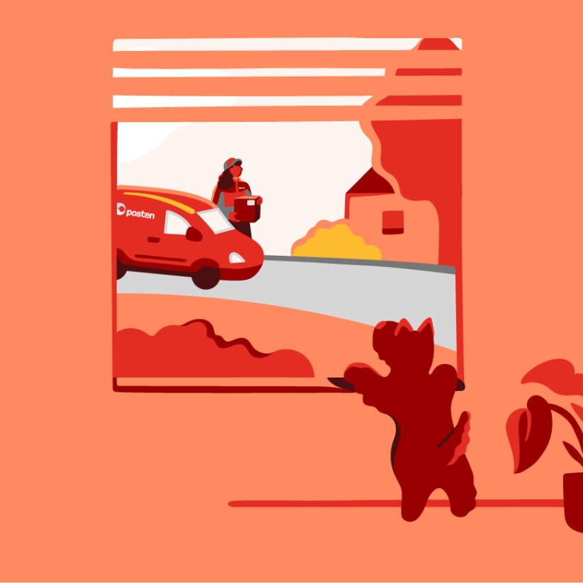 Illustration with a dog in the window looking out on a Posten car and postman arriving with a parcel.