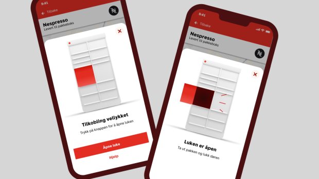 Skjermbilder av Posten-appen viser åpning av luke i Pakkeboks.